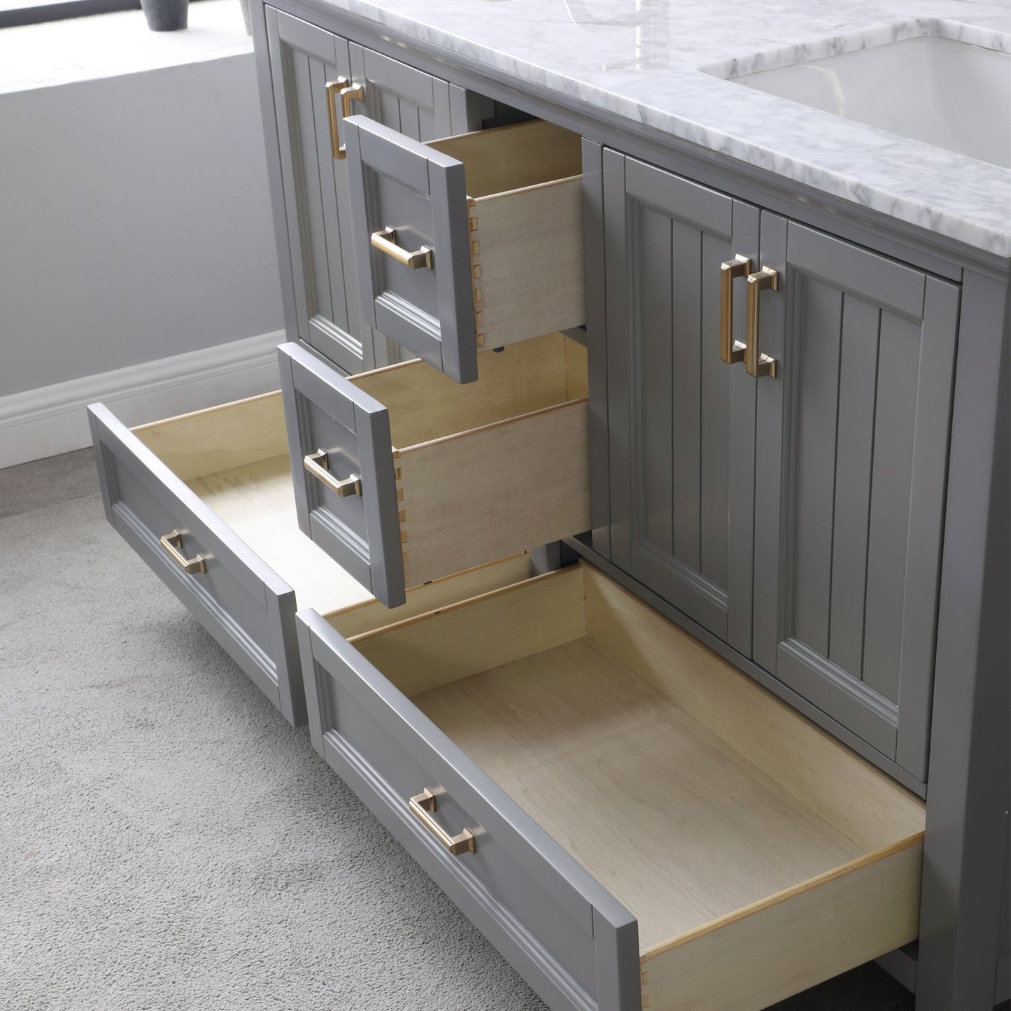 Isla 60" Double Bathroom Vanity Set in Gray and Carrara White Marble Countertop with Mirror