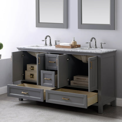 Isla 60" Double Bathroom Vanity Set in Gray and Carrara White Marble Countertop with Mirror