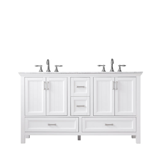 Isla 60" Double Bathroom Vanity Set in White and Carrara White Marble Countertop without Mirror