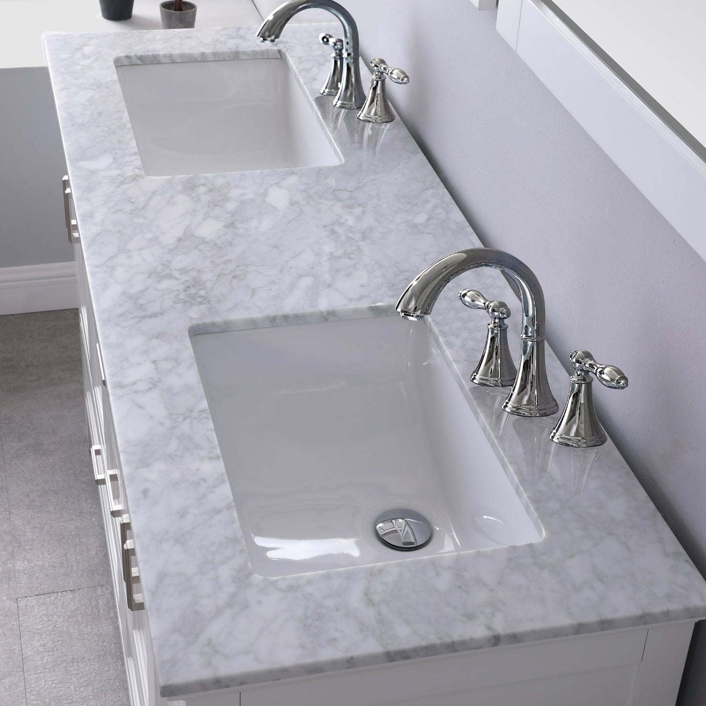 Isla 60" Double Bathroom Vanity Set in White and Carrara White Marble Countertop without Mirror