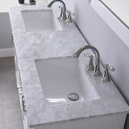 Isla 60" Double Bathroom Vanity Set in White and Carrara White Marble Countertop without Mirror