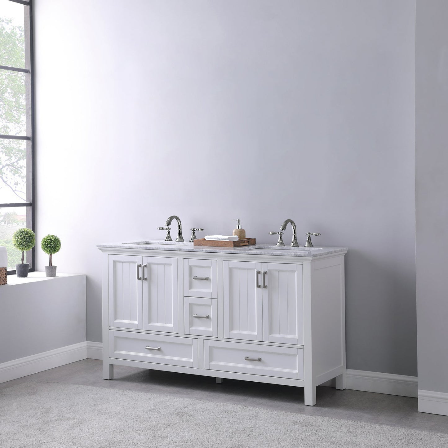 Isla 60" Double Bathroom Vanity Set in White and Carrara White Marble Countertop without Mirror