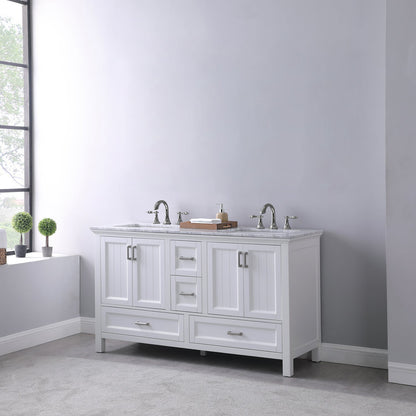 Isla 60" Double Bathroom Vanity Set in White and Carrara White Marble Countertop without Mirror