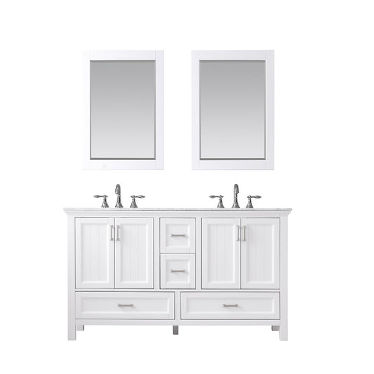 Isla 60" Double Bathroom Vanity Set in White and Carrara White Marble Countertop with Mirror