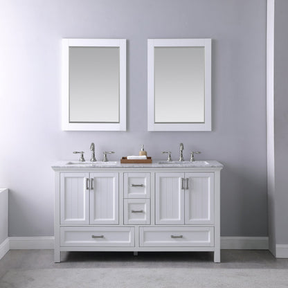 Isla 60" Double Bathroom Vanity Set in White and Carrara White Marble Countertop with Mirror
