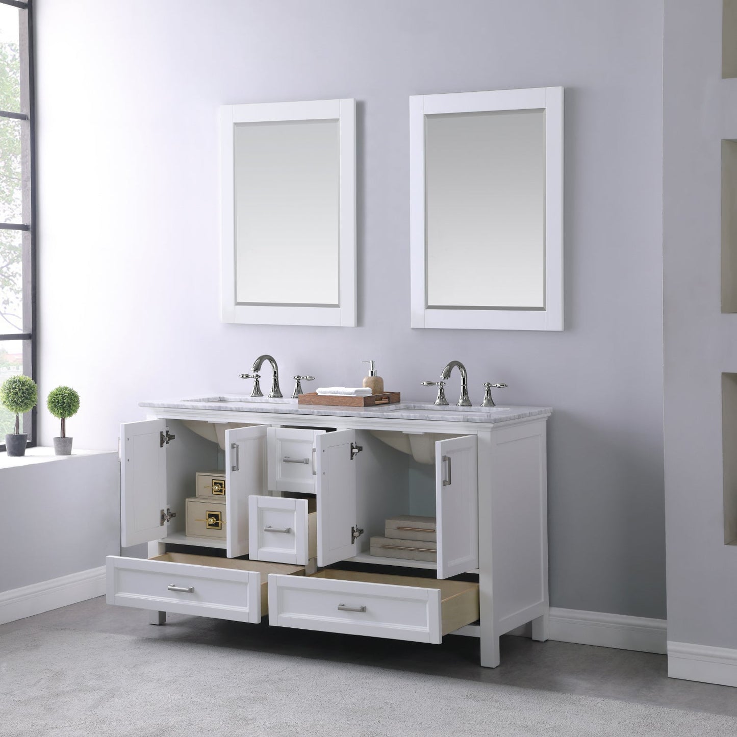 Isla 60" Double Bathroom Vanity Set in White and Carrara White Marble Countertop with Mirror
