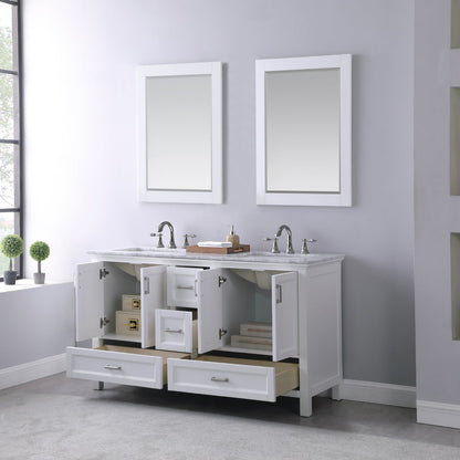 Isla 60" Double Bathroom Vanity Set in White and Carrara White Marble Countertop with Mirror