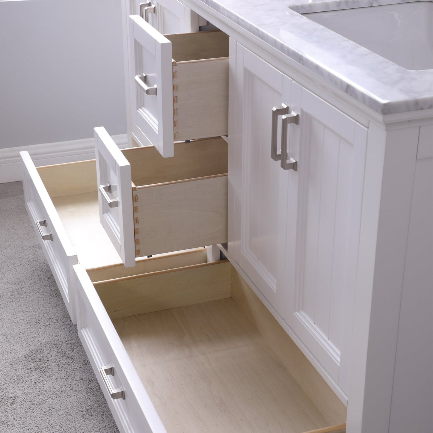 Isla 60" Double Bathroom Vanity Set in White and Carrara White Marble Countertop with Mirror