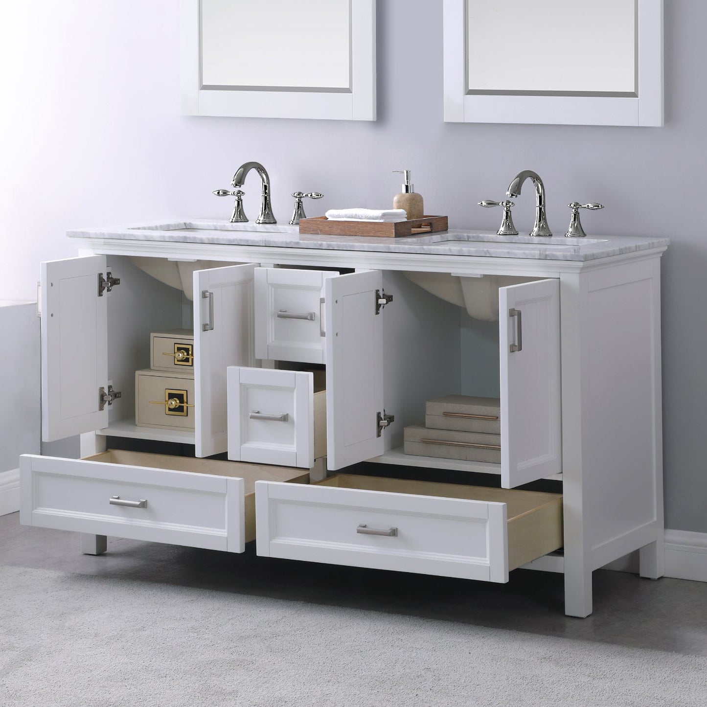 Isla 60" Double Bathroom Vanity Set in White and Carrara White Marble Countertop with Mirror