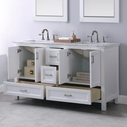 Isla 60" Double Bathroom Vanity Set in White and Carrara White Marble Countertop with Mirror