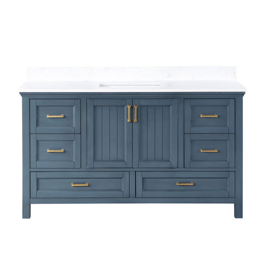 Isla 60" Single Bathroom Vanity Set in Classic Blue and Aosta White Engineered Stone Countertop without Mirror