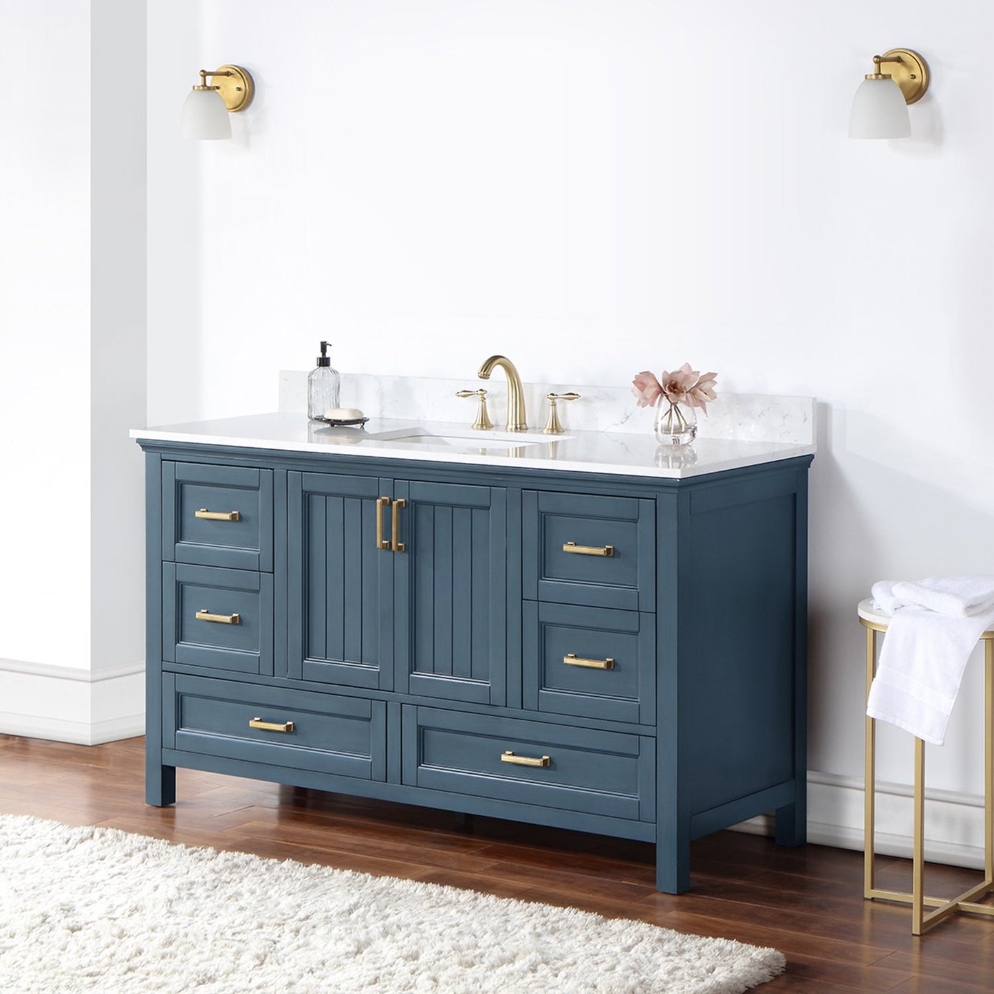 Isla 60" Single Bathroom Vanity Set in Classic Blue and Aosta White Engineered Stone Countertop without Mirror