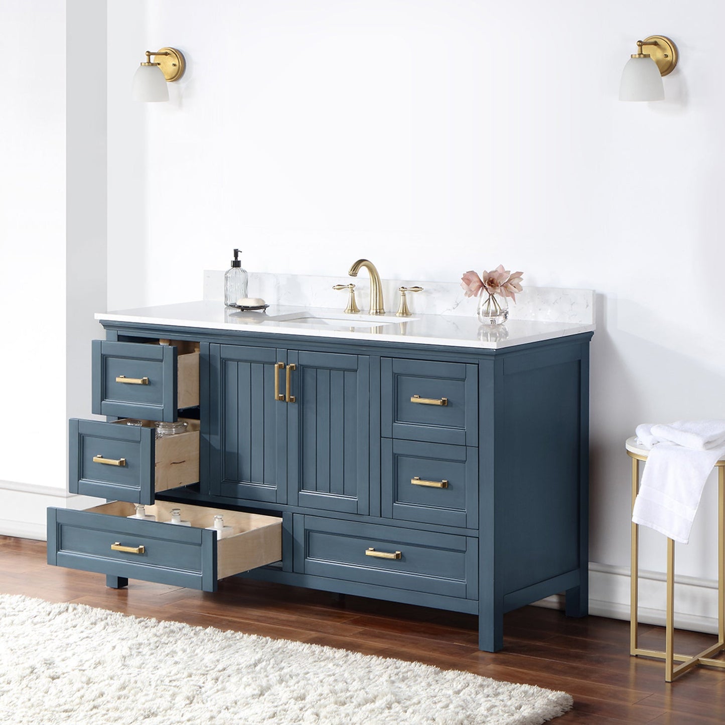 Isla 60" Single Bathroom Vanity Set in Classic Blue and Aosta White Engineered Stone Countertop without Mirror