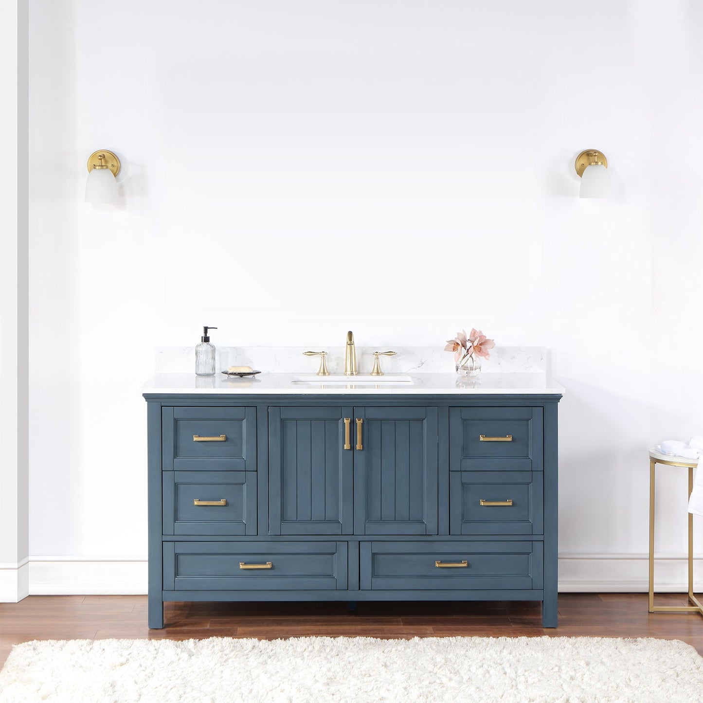 Isla 60" Single Bathroom Vanity Set in Classic Blue and Aosta White Engineered Stone Countertop without Mirror