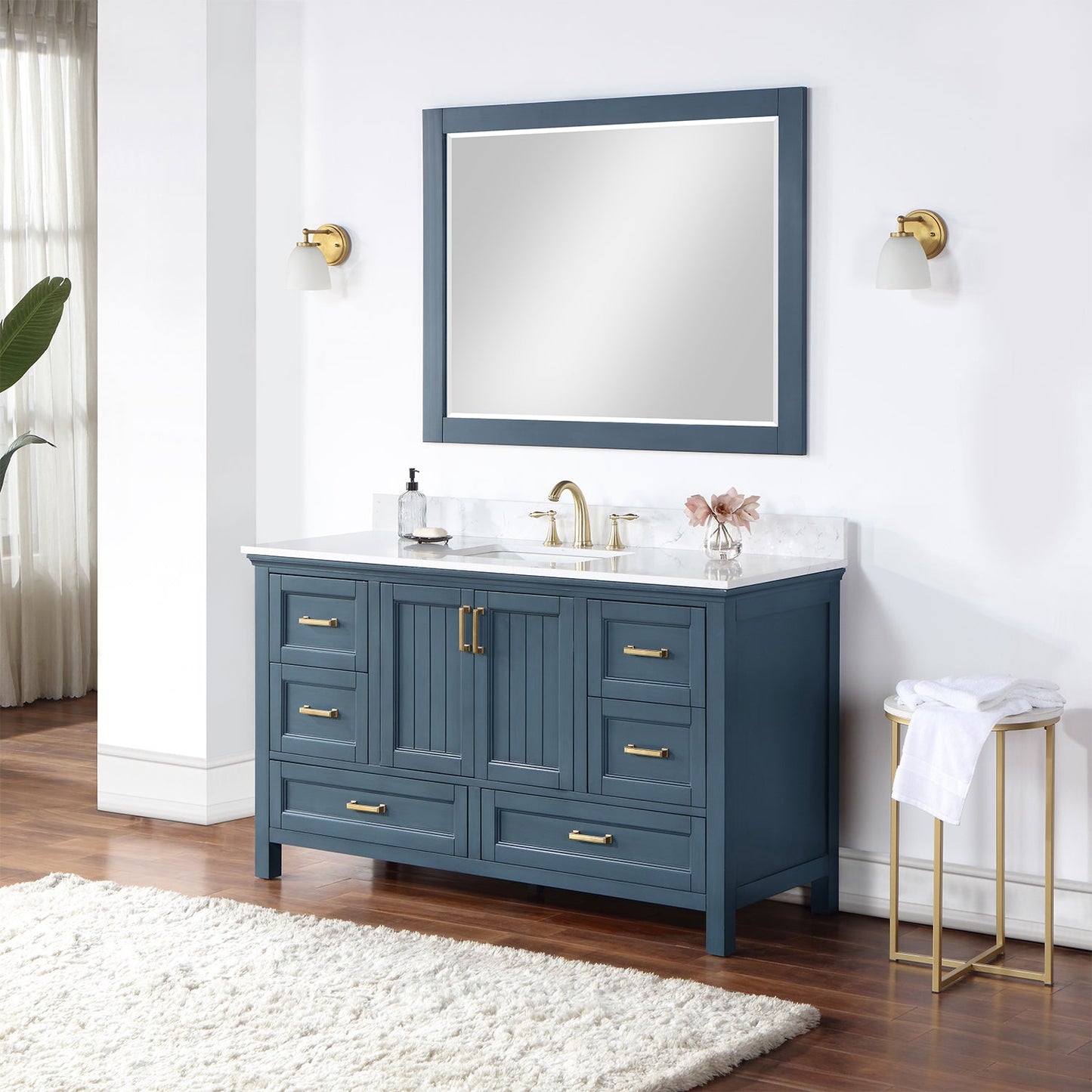 Isla 60" Single Bathroom Vanity Set in Classic Blue and Aosta White Engineered Stone Countertop with Mirror