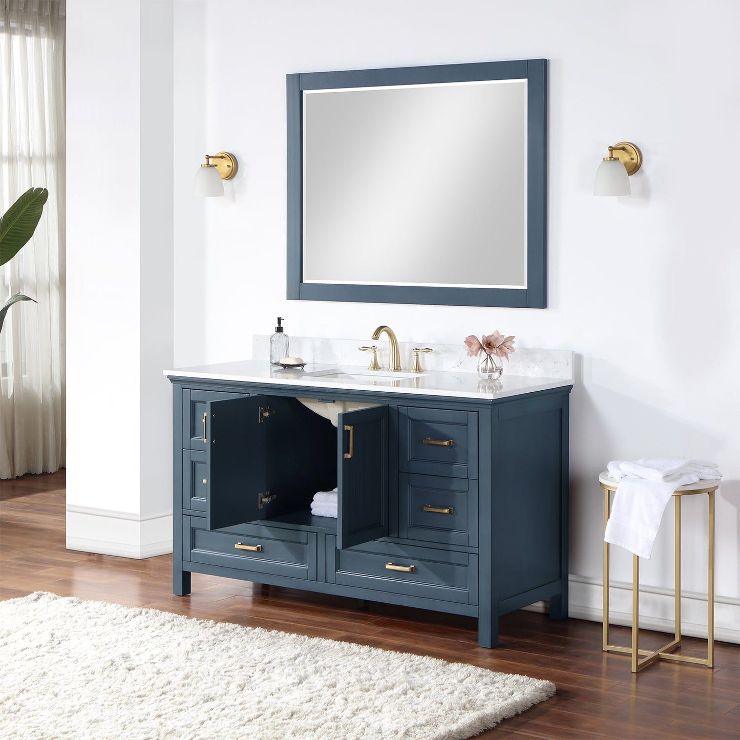Isla 60" Single Bathroom Vanity Set in Classic Blue and Aosta White Engineered Stone Countertop with Mirror