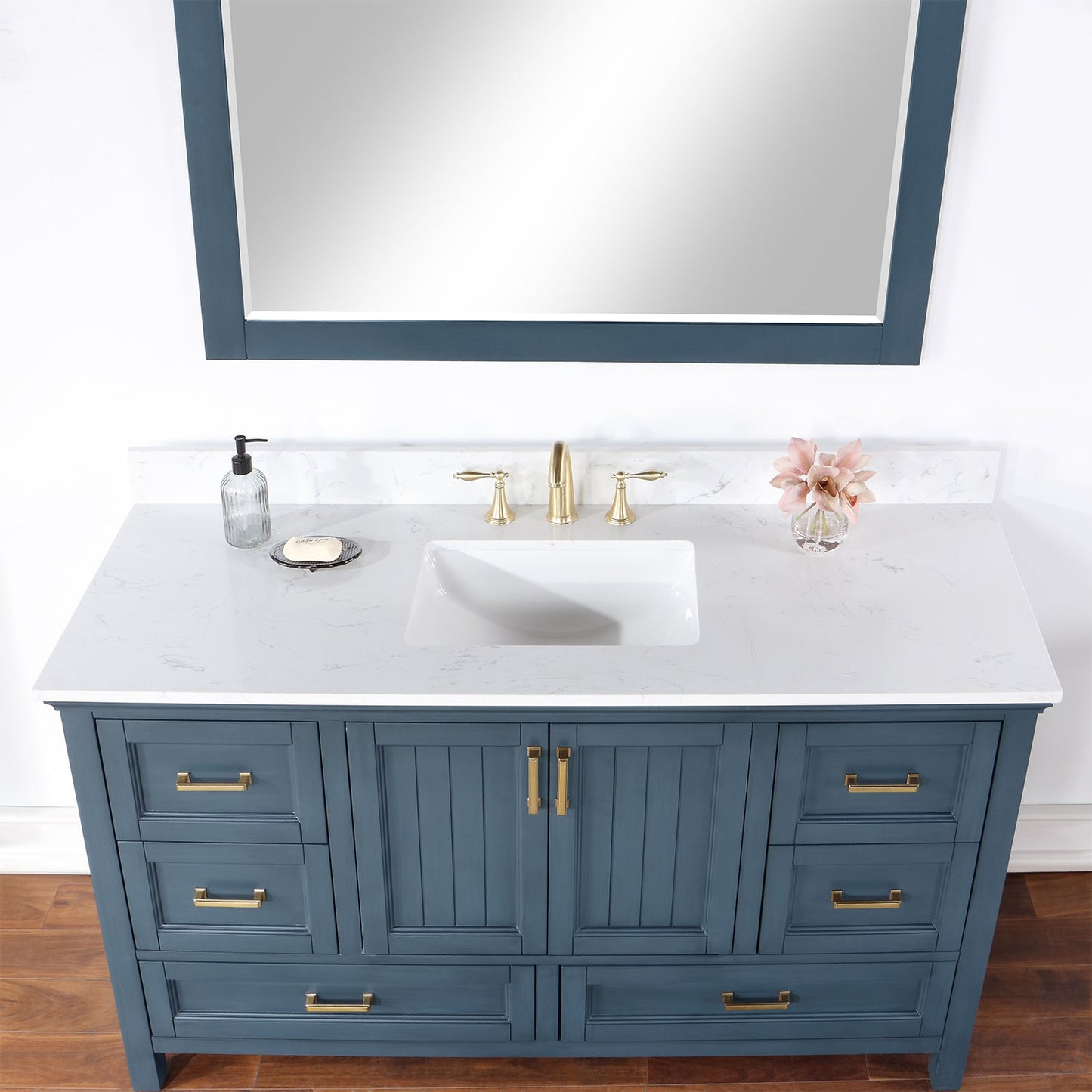 Isla 60" Single Bathroom Vanity Set in Classic Blue and Aosta White Engineered Stone Countertop with Mirror