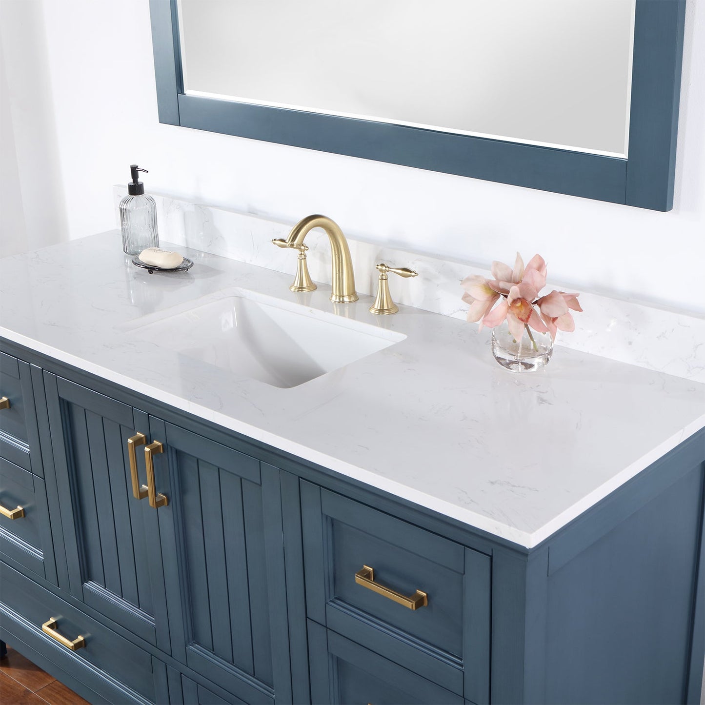 Isla 60" Single Bathroom Vanity Set in Classic Blue and Aosta White Engineered Stone Countertop with Mirror