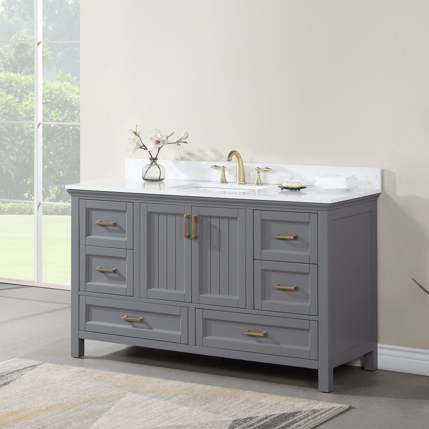 Isla 60" Single Bathroom Vanity Set in Gray and Aosta White Engineered Stone Countertop without Mirror