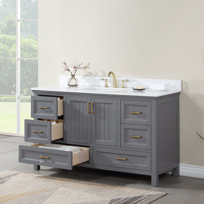 Isla 60" Single Bathroom Vanity Set in Gray and Aosta White Engineered Stone Countertop without Mirror