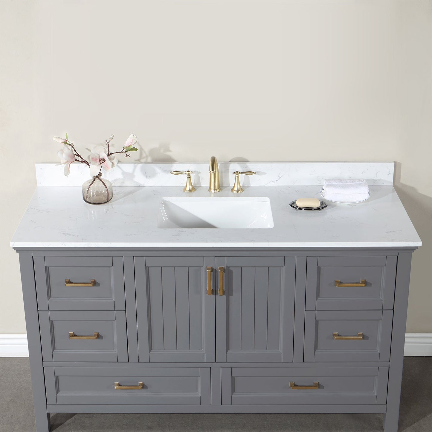 Isla 60" Single Bathroom Vanity Set in Gray and Aosta White Engineered Stone Countertop without Mirror