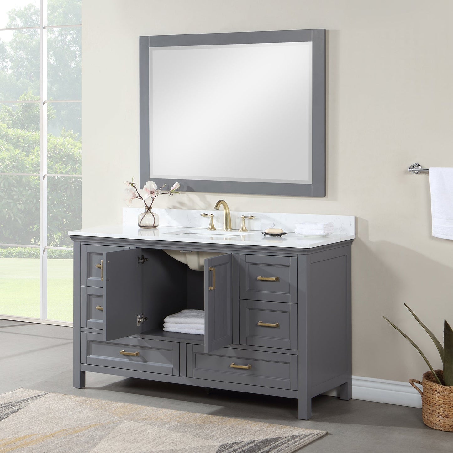 Isla 60" Single Bathroom Vanity Set in Gray and Aosta White Engineered Stone Countertop with Mirror