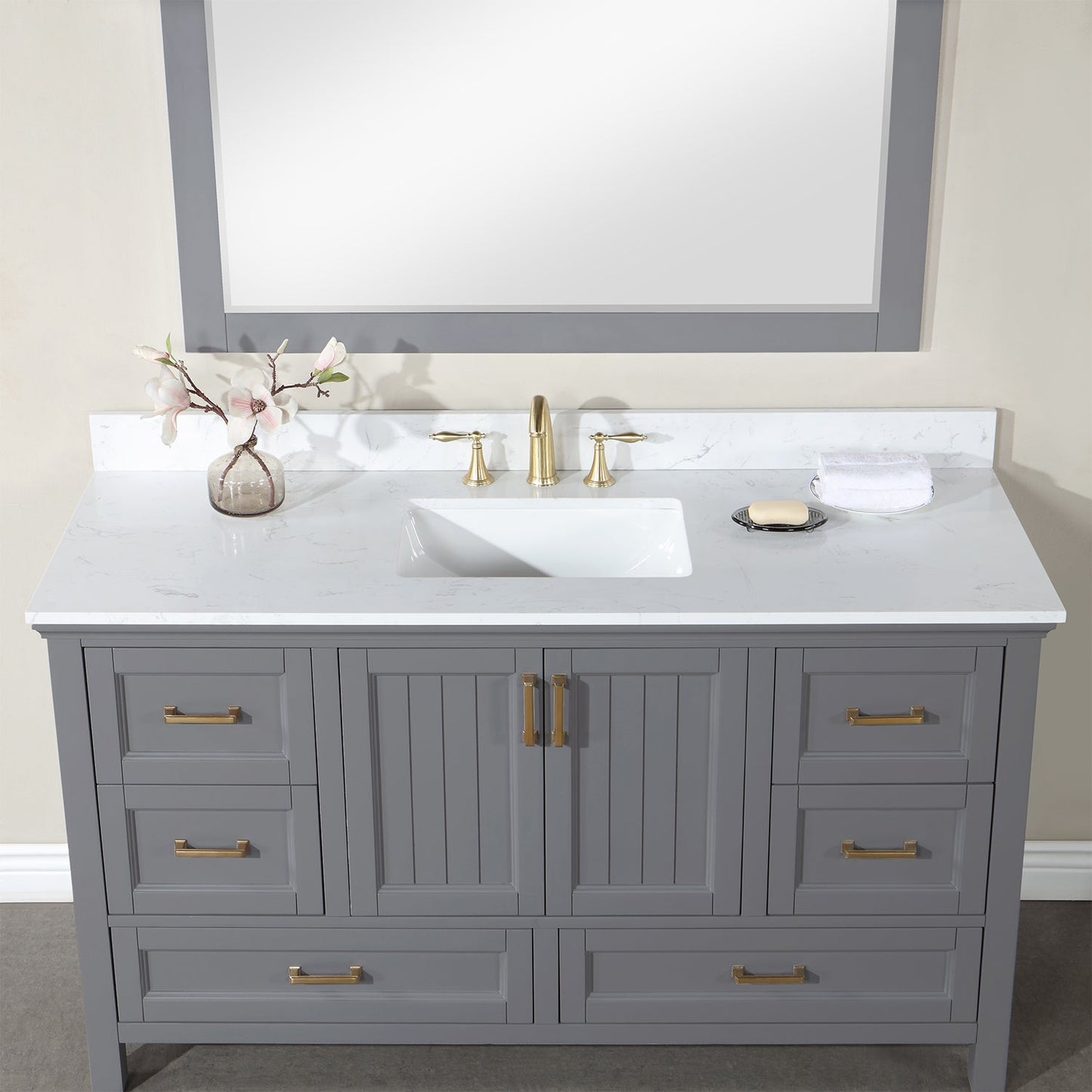Isla 60" Single Bathroom Vanity Set in Gray and Aosta White Engineered Stone Countertop with Mirror
