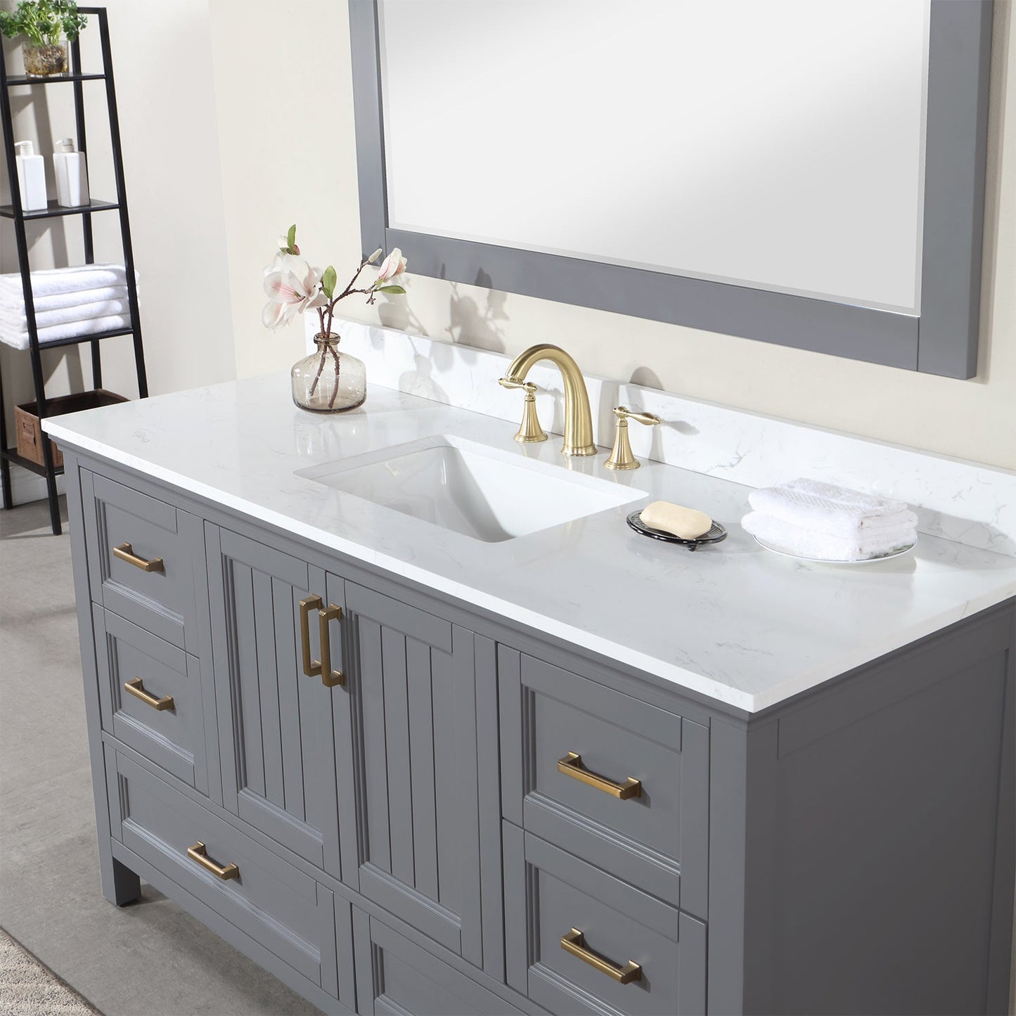 Isla 60" Single Bathroom Vanity Set in Gray and Aosta White Engineered Stone Countertop with Mirror