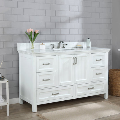 Isla 60" Single Bathroom Vanity Set in White and Aosta White Engineered Stone Countertop without Mirror