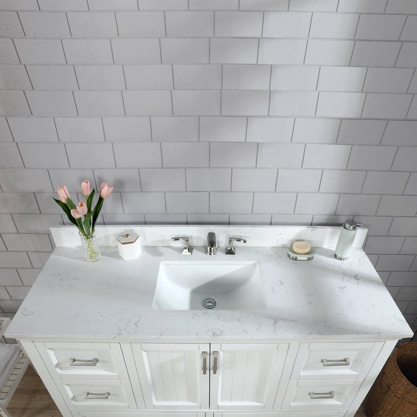 Isla 60" Single Bathroom Vanity Set in White and Aosta White Engineered Stone Countertop without Mirror