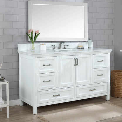 Isla 60" Single Bathroom Vanity Set in White and Aosta White Engineered Stone Countertop with Mirror