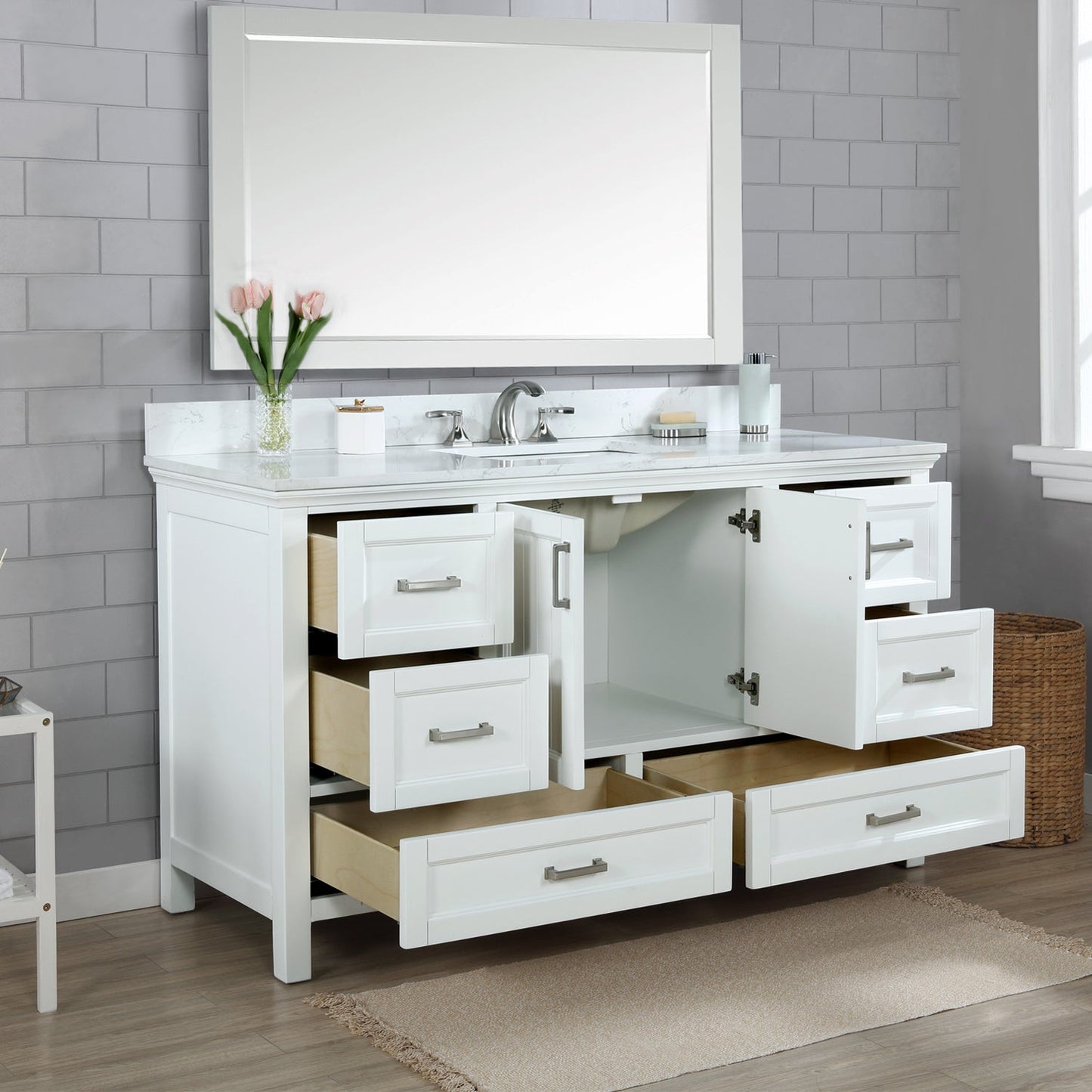 Isla 60" Single Bathroom Vanity Set in White and Aosta White Engineered Stone Countertop with Mirror