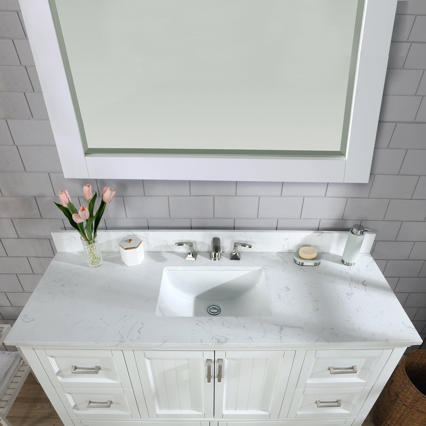 Isla 60" Single Bathroom Vanity Set in White and Aosta White Engineered Stone Countertop with Mirror