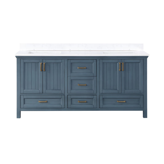 Isla 72" Double Bathroom Vanity Set in Classic Blue and Aosta White Engineered Stone Countertop without Mirror