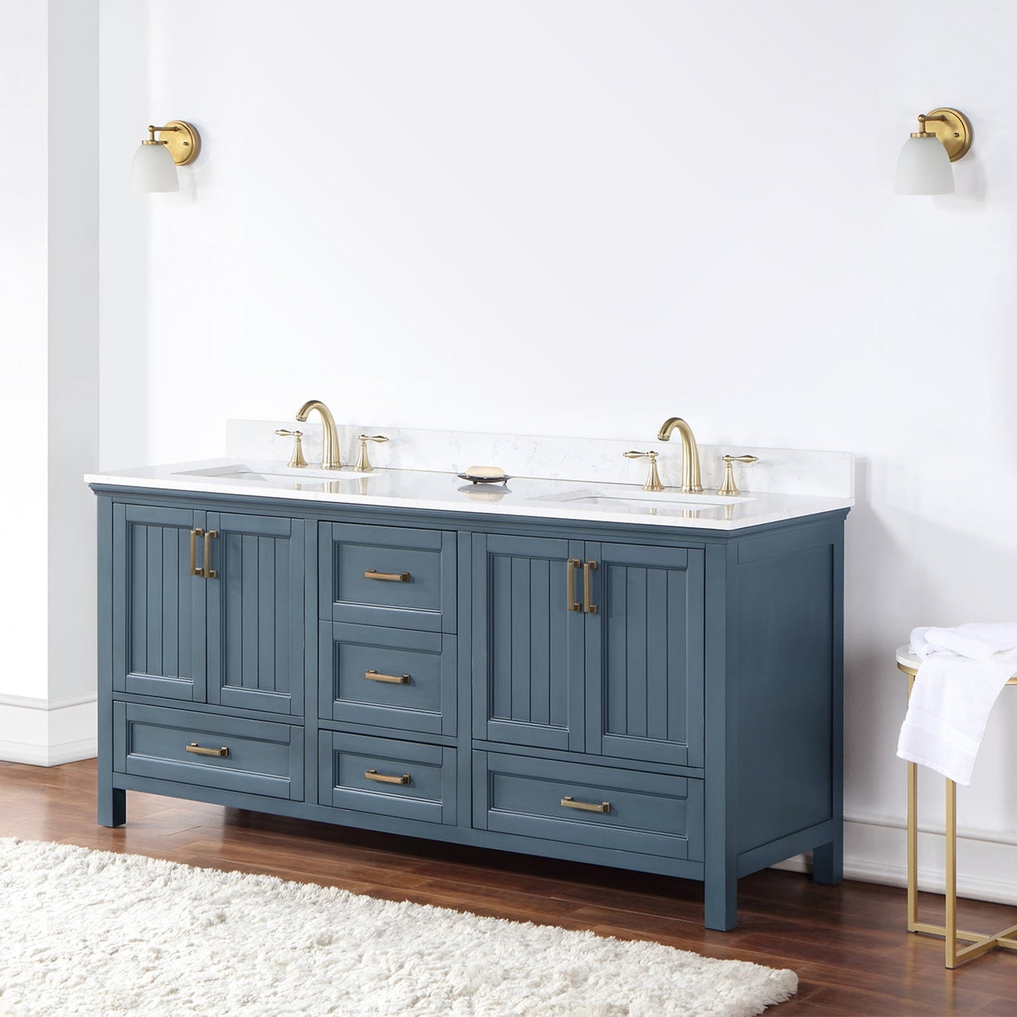 Isla 72" Double Bathroom Vanity Set in Classic Blue and Aosta White Engineered Stone Countertop without Mirror