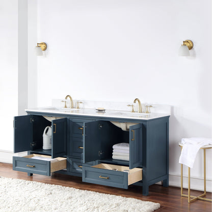 Isla 72" Double Bathroom Vanity Set in Classic Blue and Aosta White Engineered Stone Countertop without Mirror