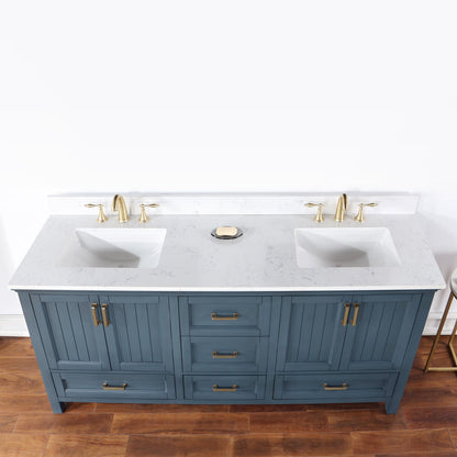 Isla 72" Double Bathroom Vanity Set in Classic Blue and Aosta White Engineered Stone Countertop without Mirror