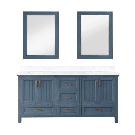 Isla 72" Double Bathroom Vanity Set in Classic Blue and Aosta White Engineered Stone Countertop with Mirror