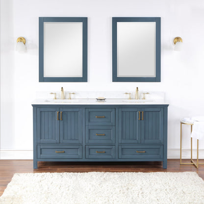 Isla 72" Double Bathroom Vanity Set in Classic Blue and Aosta White Engineered Stone Countertop with Mirror