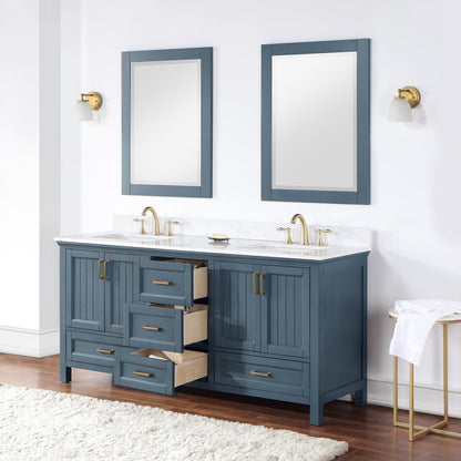 Isla 72" Double Bathroom Vanity Set in Classic Blue and Aosta White Engineered Stone Countertop with Mirror