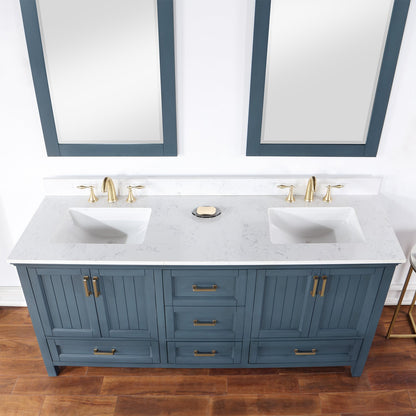 Isla 72" Double Bathroom Vanity Set in Classic Blue and Aosta White Engineered Stone Countertop with Mirror