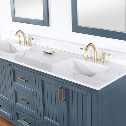 Isla 72" Double Bathroom Vanity Set in Classic Blue and Aosta White Engineered Stone Countertop with Mirror
