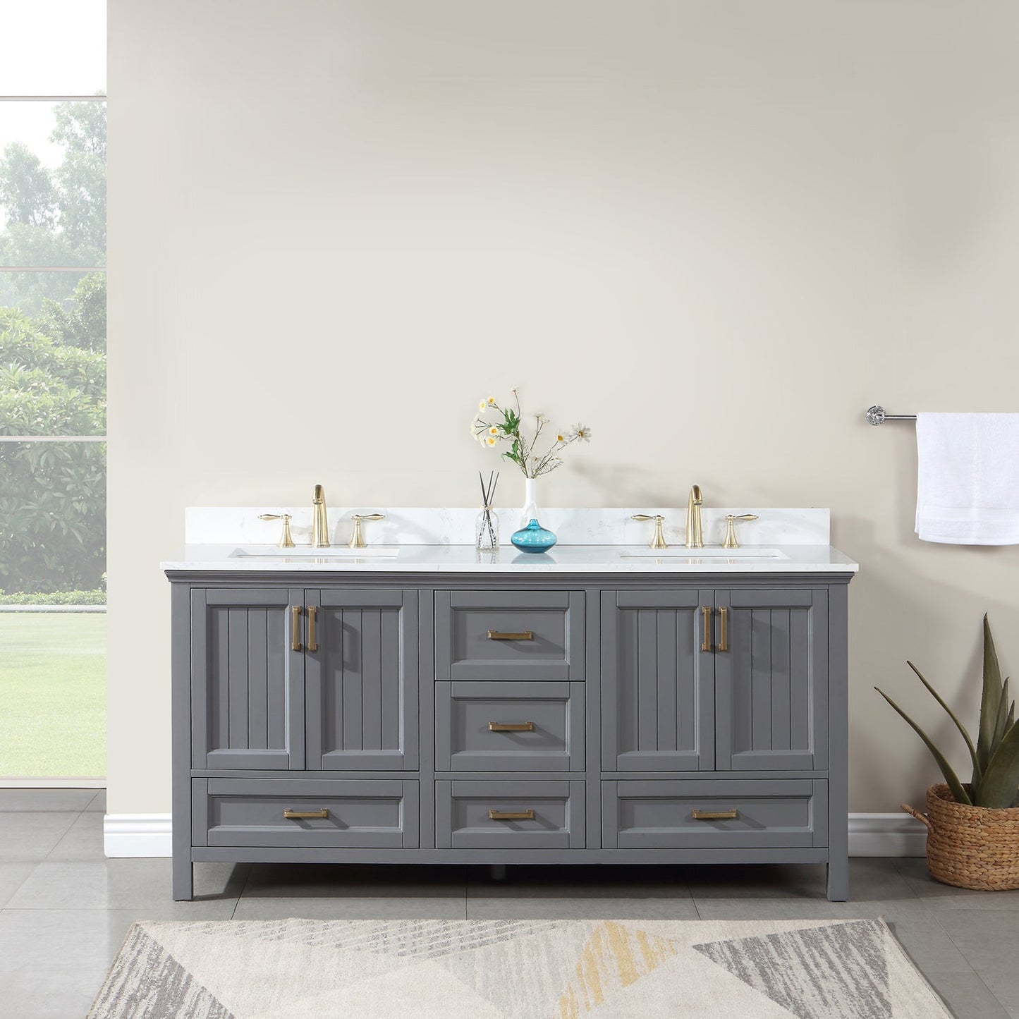 Isla 72" Double Bathroom Vanity Set in Gray and Aosta White Engineered Stone Countertop without Mirror