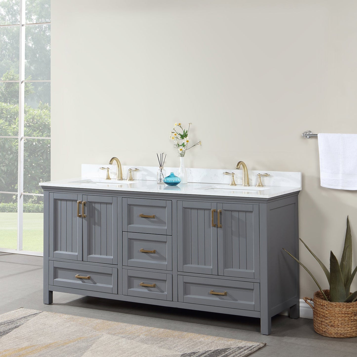 Isla 72" Double Bathroom Vanity Set in Gray and Aosta White Engineered Stone Countertop without Mirror