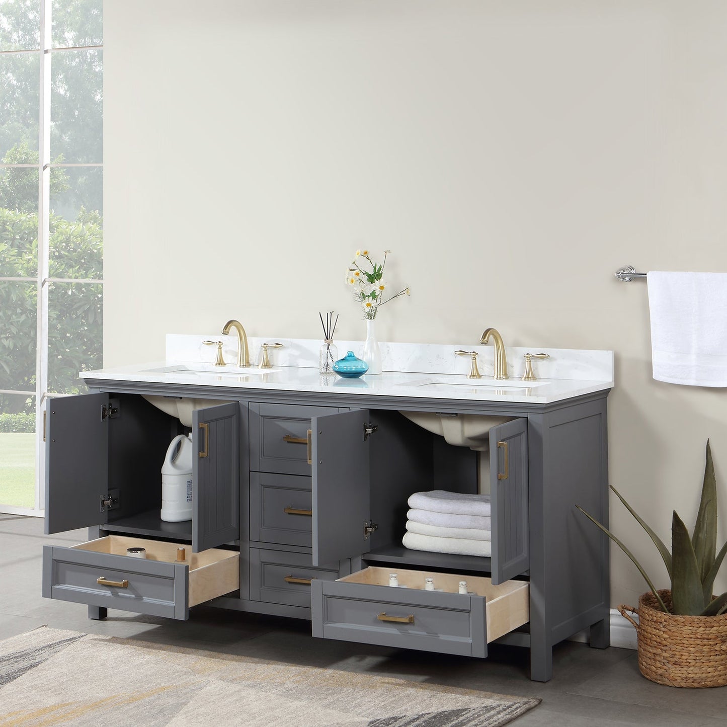 Isla 72" Double Bathroom Vanity Set in Gray and Aosta White Engineered Stone Countertop without Mirror