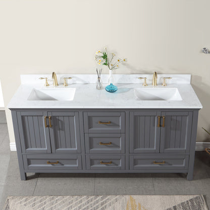 Isla 72" Double Bathroom Vanity Set in Gray and Aosta White Engineered Stone Countertop without Mirror