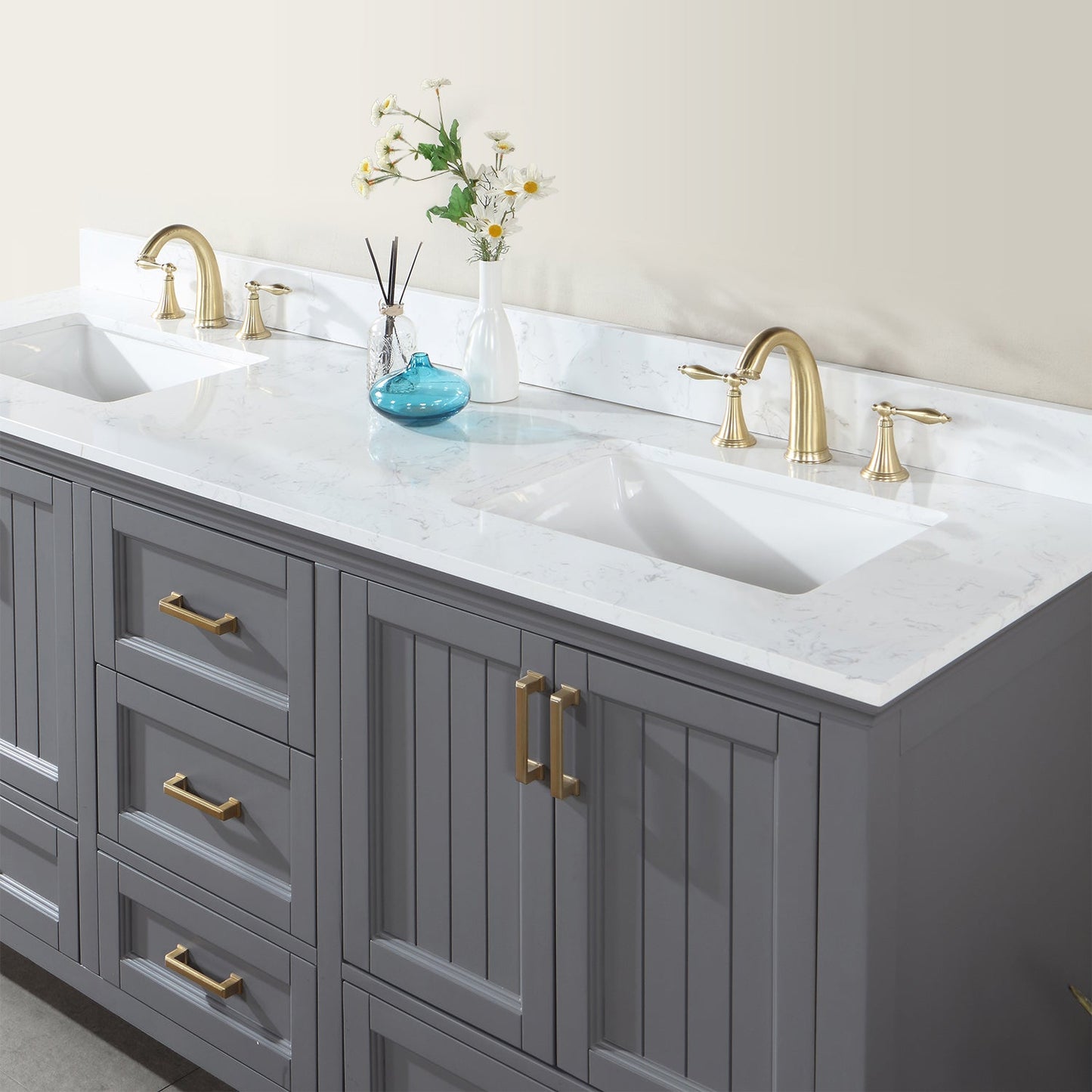 Isla 72" Double Bathroom Vanity Set in Gray and Aosta White Engineered Stone Countertop without Mirror