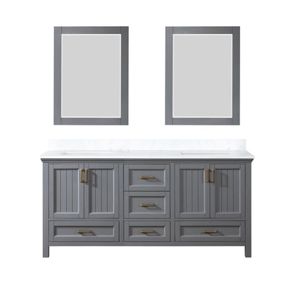 Isla 72" Double Bathroom Vanity Set in Gray and Aosta White Engineered Stone Countertop with Mirror