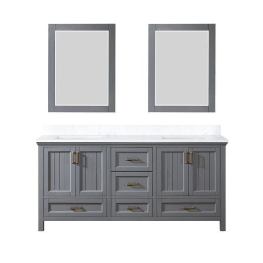 Isla 72" Double Bathroom Vanity Set in Gray and Aosta White Engineered Stone Countertop with Mirror