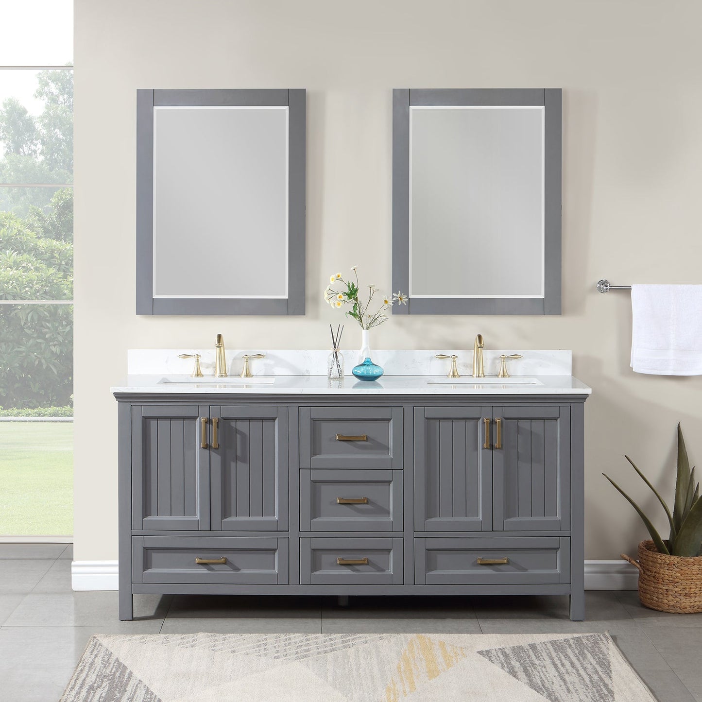 Isla 72" Double Bathroom Vanity Set in Gray and Aosta White Engineered Stone Countertop with Mirror
